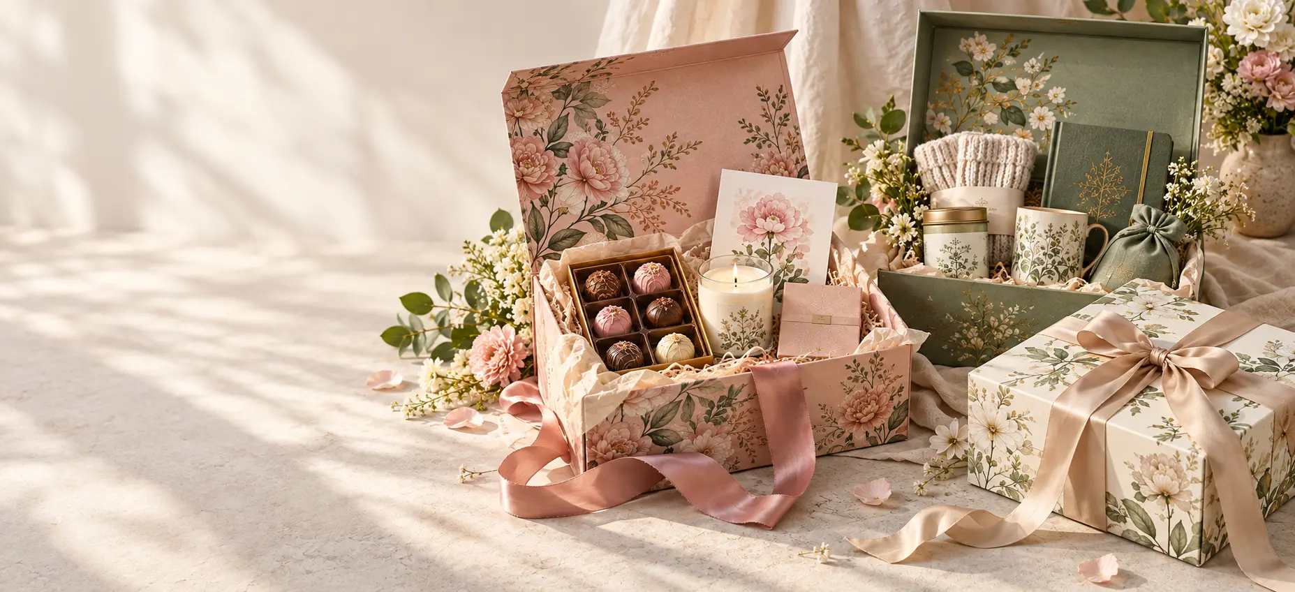 Pink and sage floral gift boxes with chocolates, a candle, a botanical mug and satin ribbons